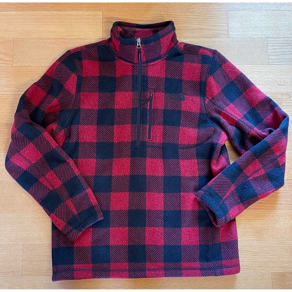 The North Face Buffalo Plaid Fleece 1/2 Zip Pullover Jacket Sz L Black Red Men